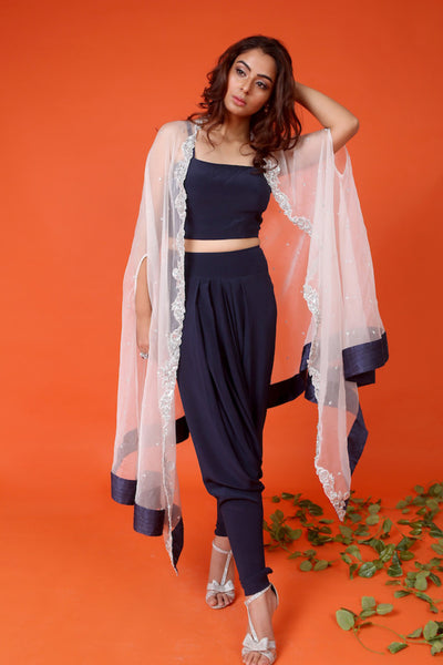 White Zardosi Embroidered Cape With Navy Blue Dhoti And Crop Top Set