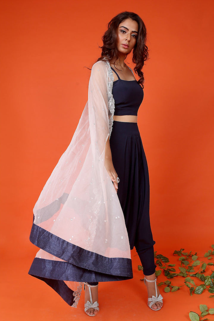 White Zardosi Embroidered Cape With Navy Blue Dhoti And Crop Top Set