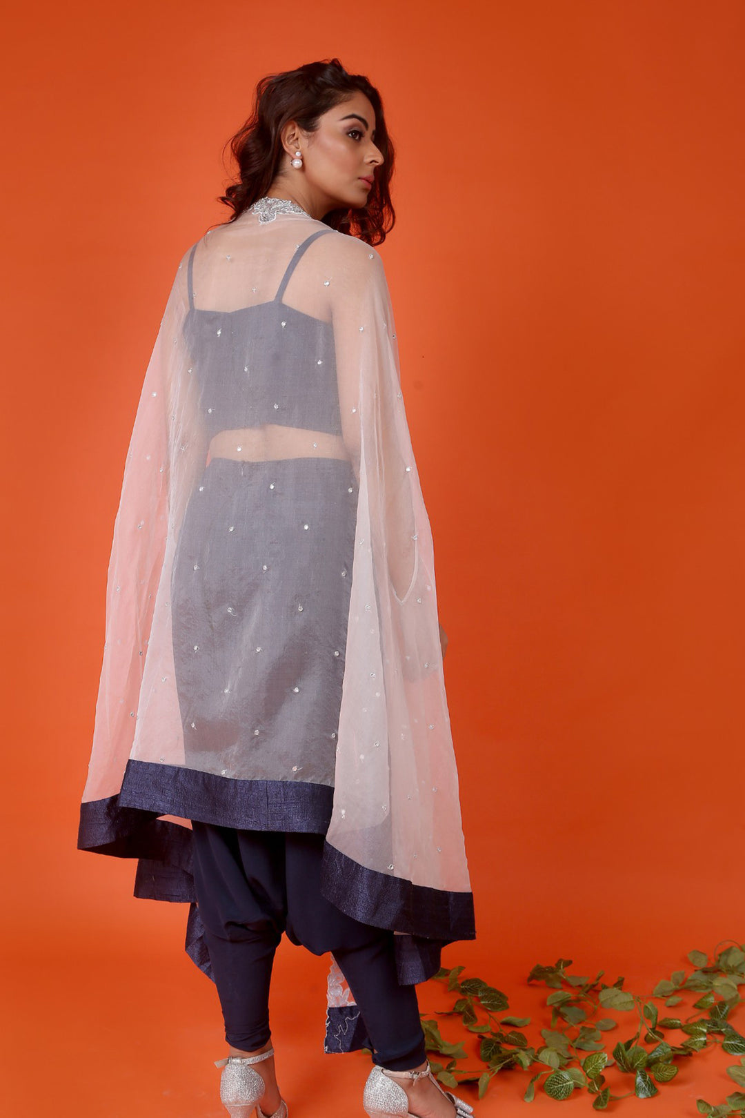 White Zardosi Embroidered Cape With Navy Blue Dhoti And Crop Top Set