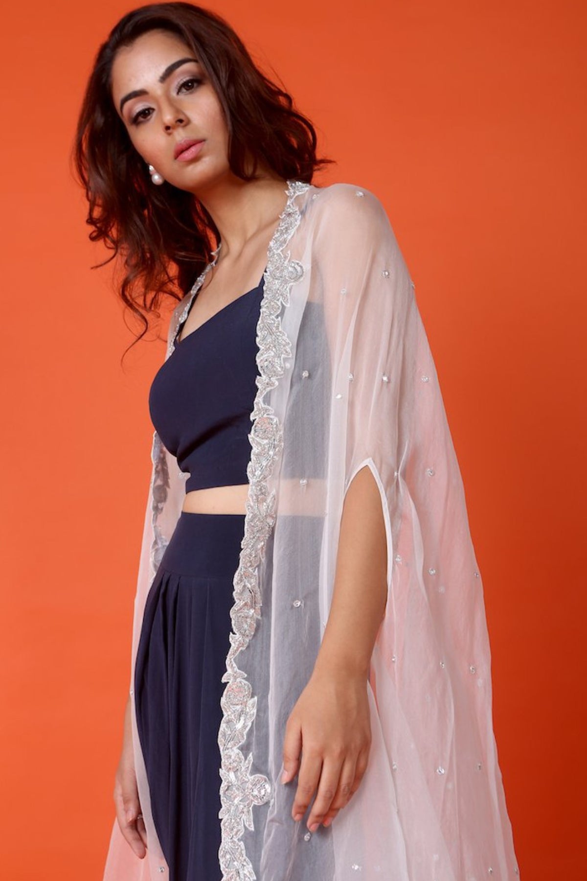 White Zardosi Embroidered Cape With Navy Blue Dhoti And Crop Top Set