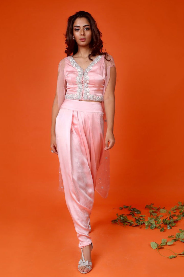 Pink Zardosi Embroidered Jacket With Dhoti And Long Jacket Set