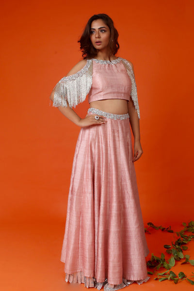 Rose Pink Cold Shoulder Blouse With Lehenga Skirt