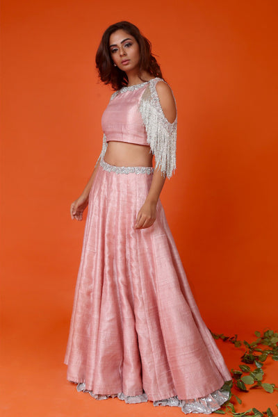 Rose Pink Cold Shoulder Blouse With Lehenga Skirt