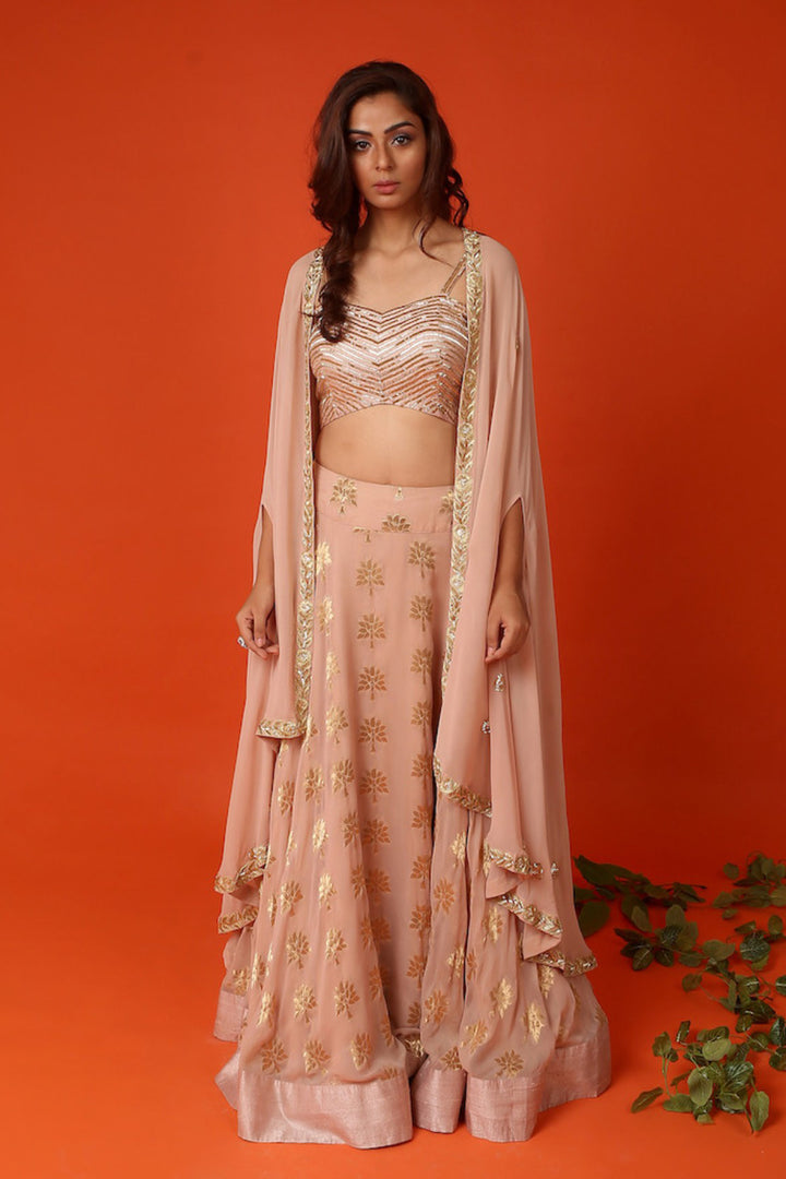 Beige Gold Lehenga Set With Cape