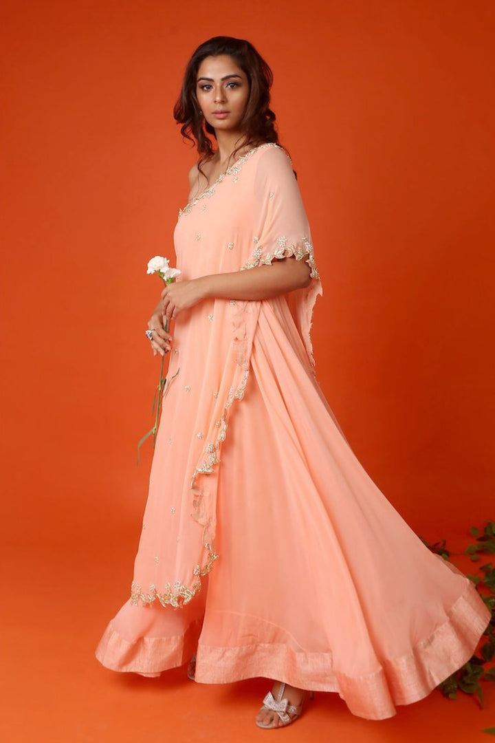 Peach One Shoulder Cape Anarkali