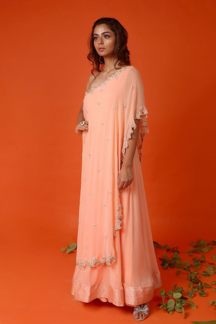 Peach One Shoulder Cape Anarkali