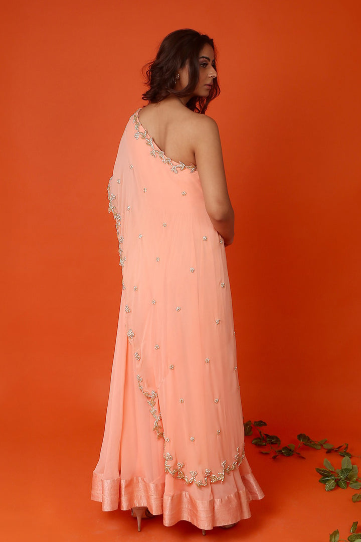 Peach One Shoulder Cape Anarkali