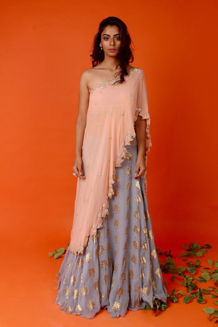 Peach One Shoulder Cape With Powder Grey Lehenga Set