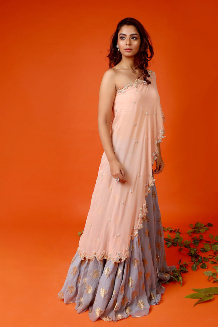 Peach One Shoulder Cape With Powder Grey Lehenga Set