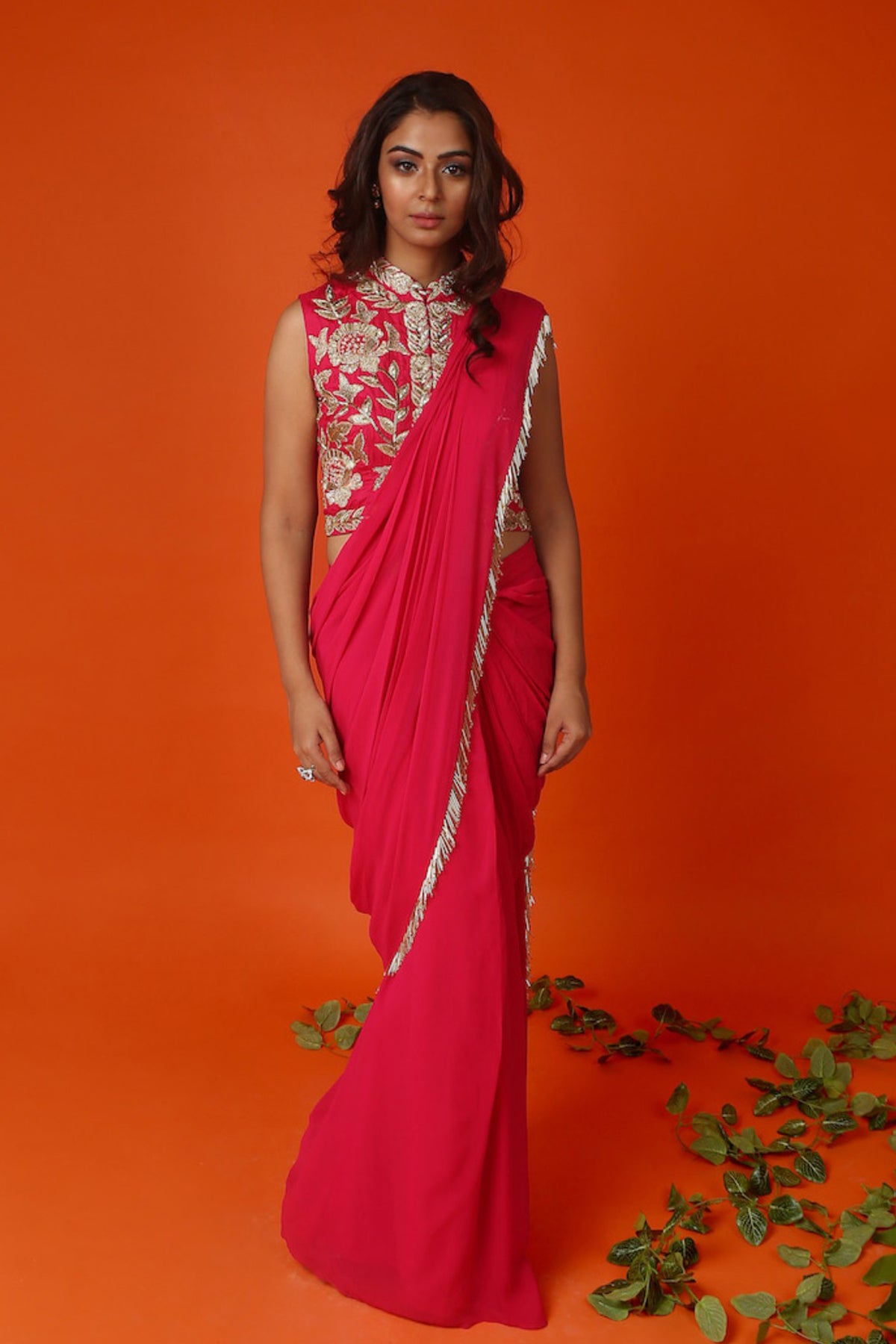 Rani Pink Stitched Saree An Blouse