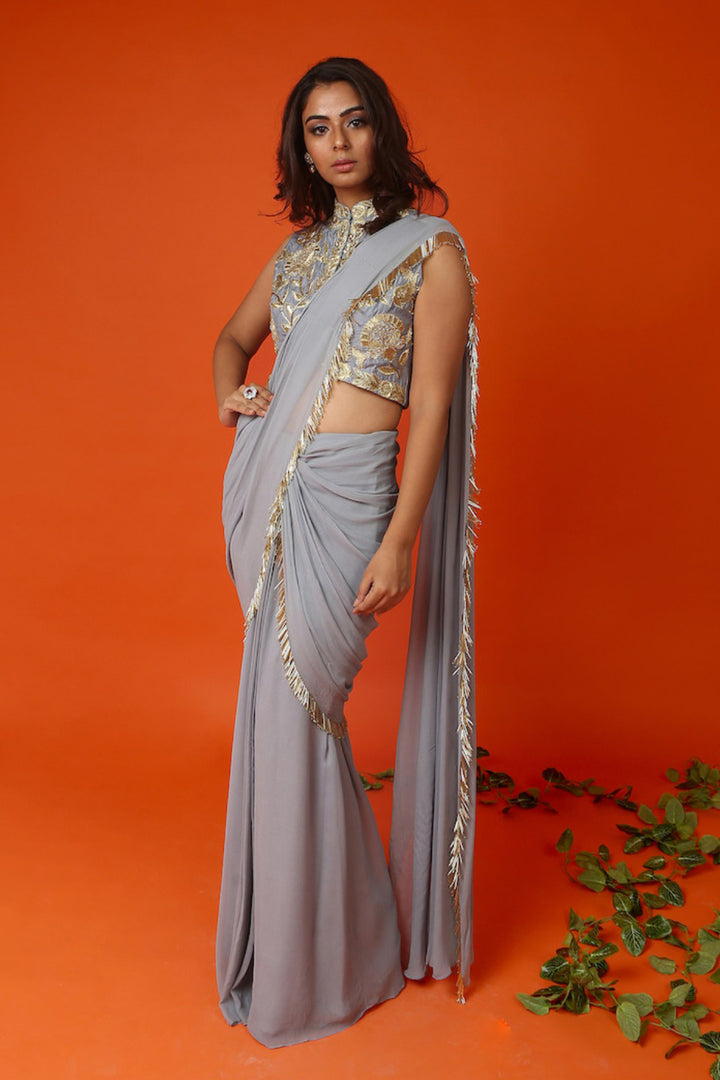 Powder Grey Stitched Saree An Blouse