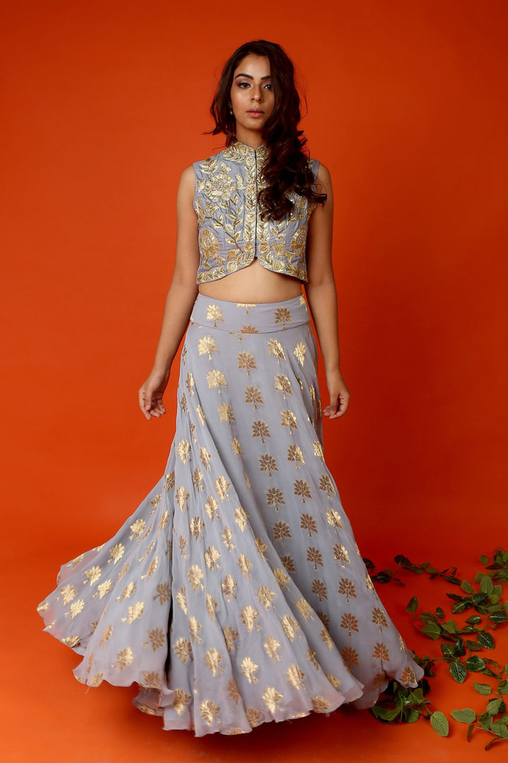 Powder Grey Jacket Blouse With Banarasi Skirt