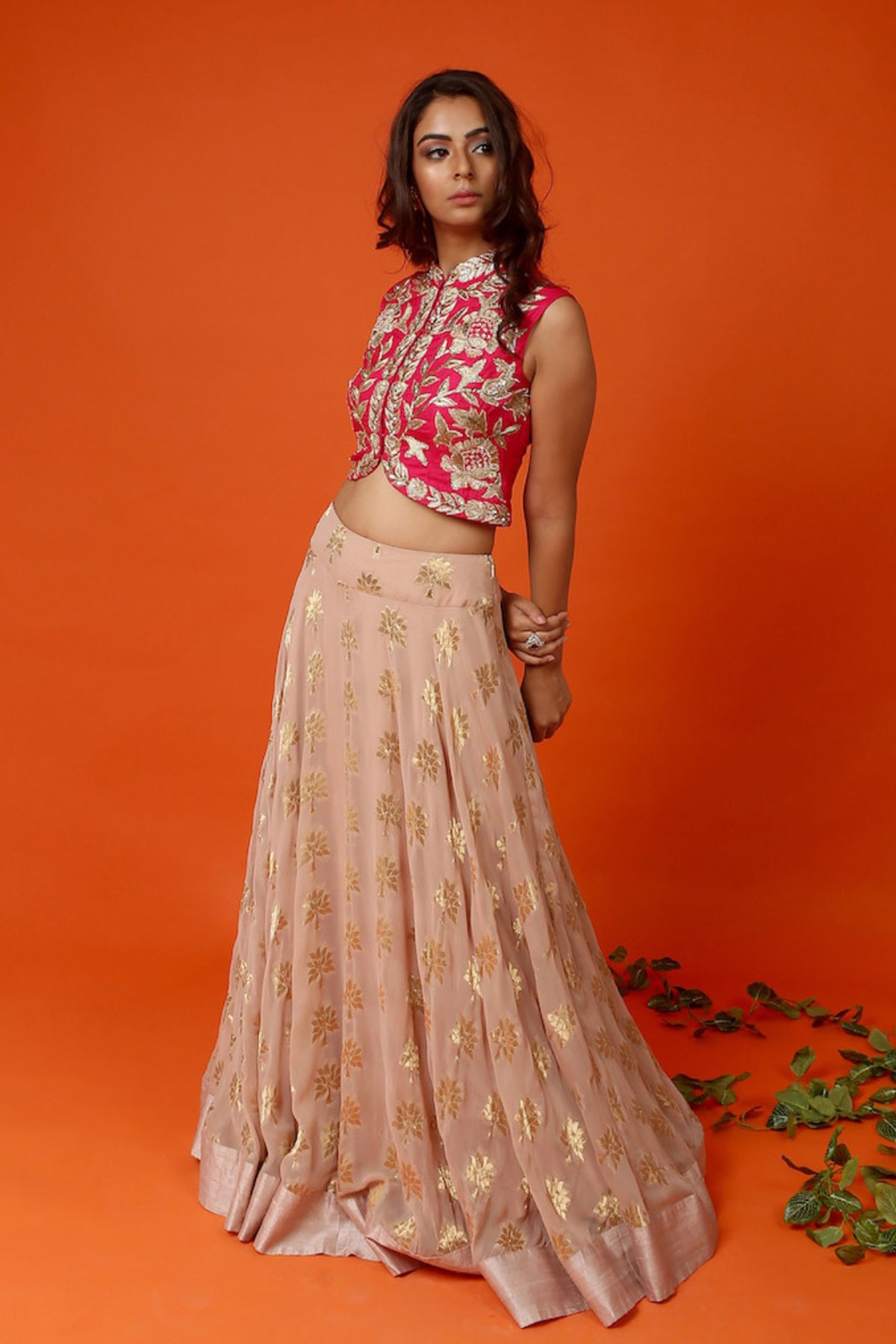 Rani Pink Jacket Blouse With Beige Gold Banarasi Skirt
