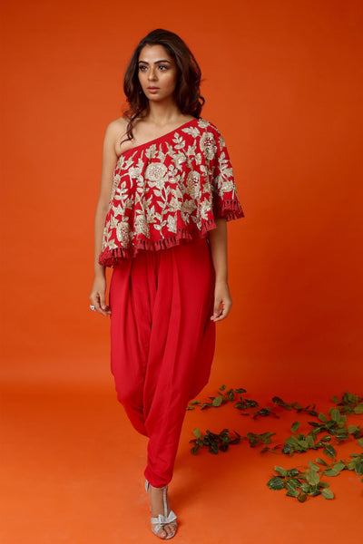 Red One Shoulder Cape With Dhoti Pants