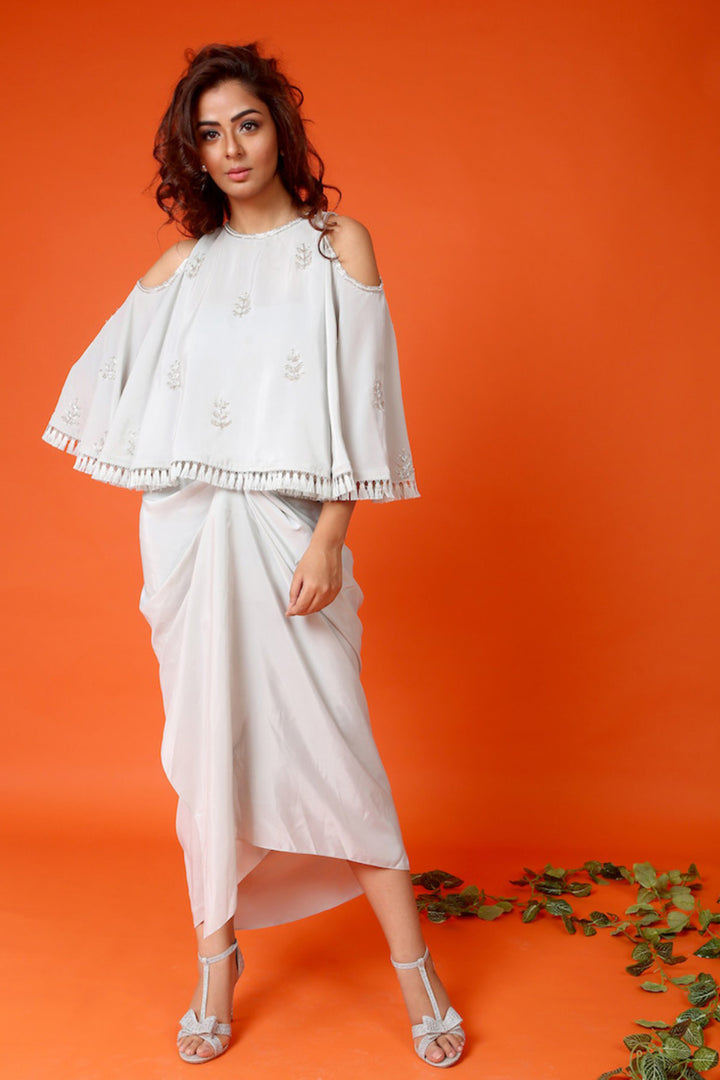 Grey Cold Shoulder Drape Dress With Embroidered Cape Set