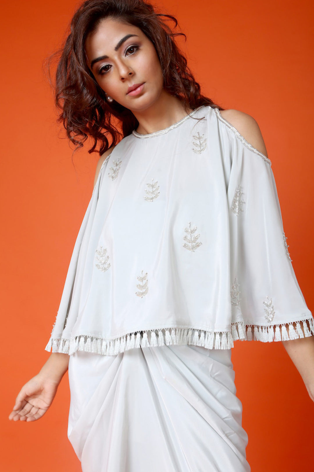 Grey Cold Shoulder Drape Dress With Embroidered Cape Set