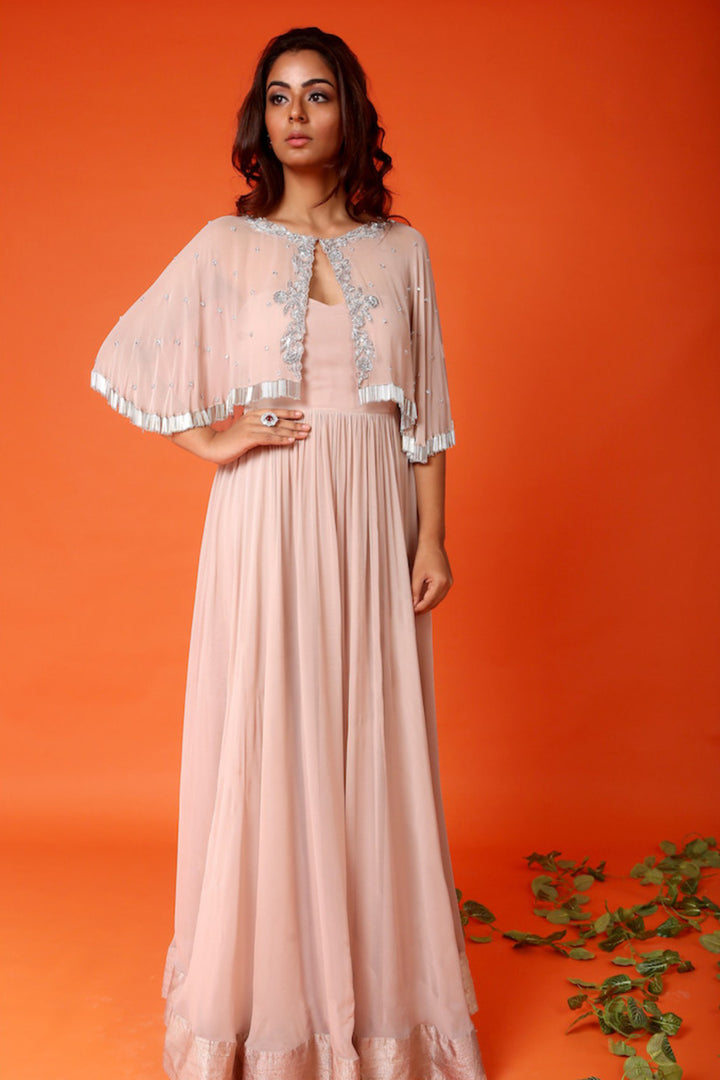 Nude Off Shoulder Anarkali With Embroidered Cape