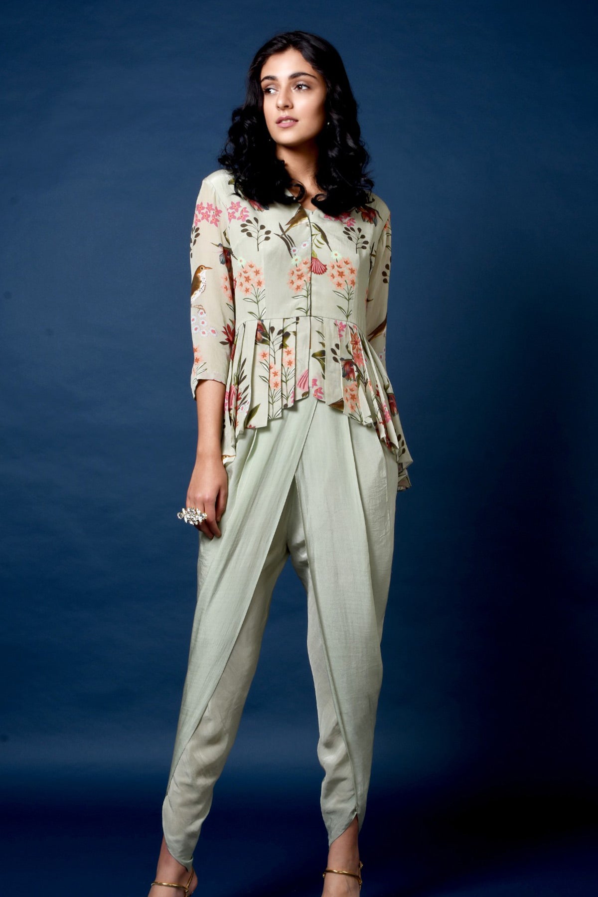 Sage Green Printed Pleated Top With Sage Green Dhoti Pants