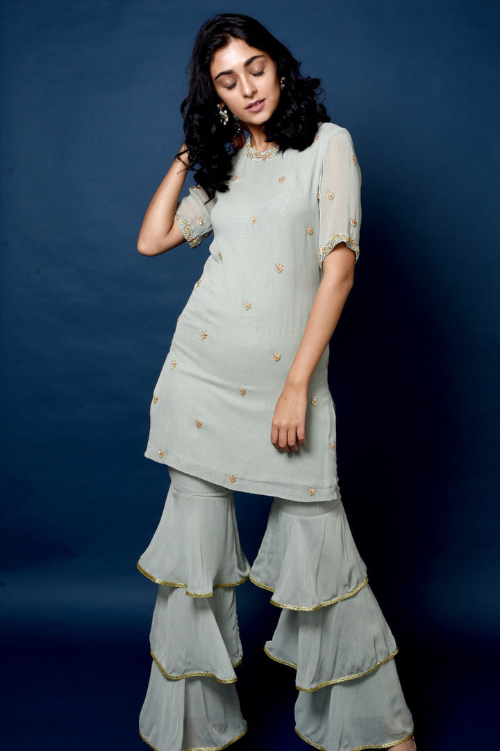 Sage Green Layered Sharara With Embroidered Kurta And Dupatta