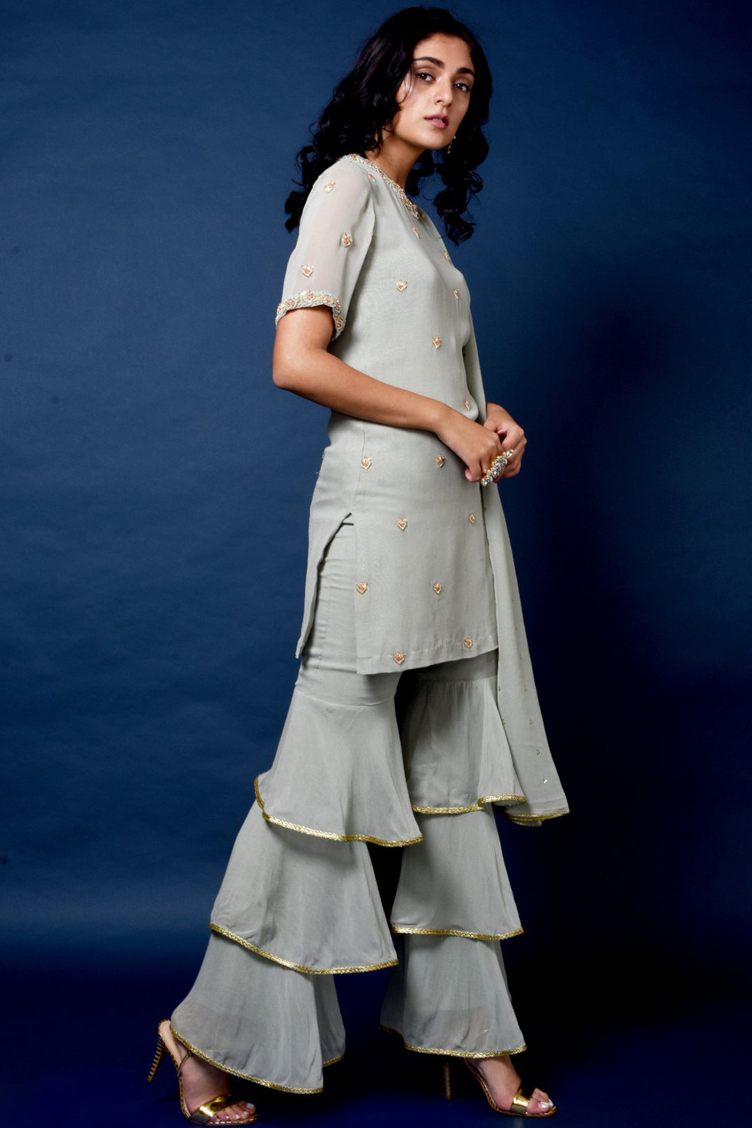 Sage Green Layered Sharara With Embroidered Kurta And Dupatta