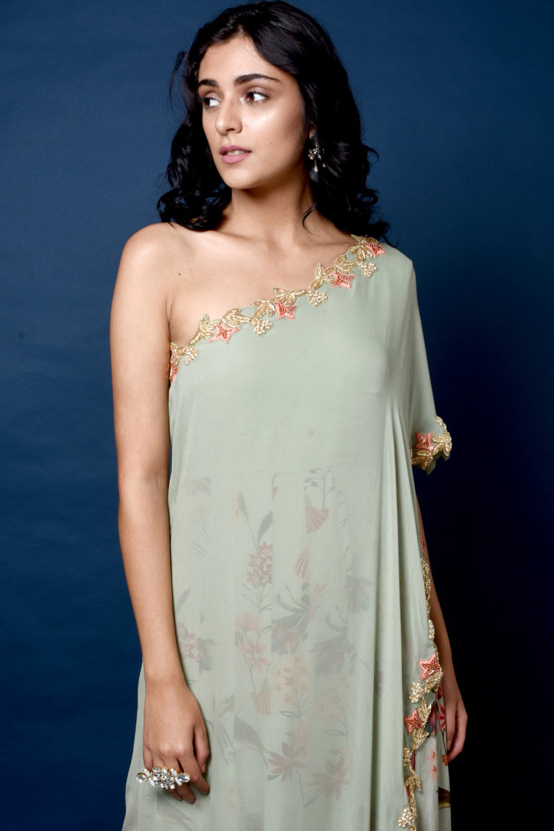 Sage Green One Shoulder Cape Anarkali