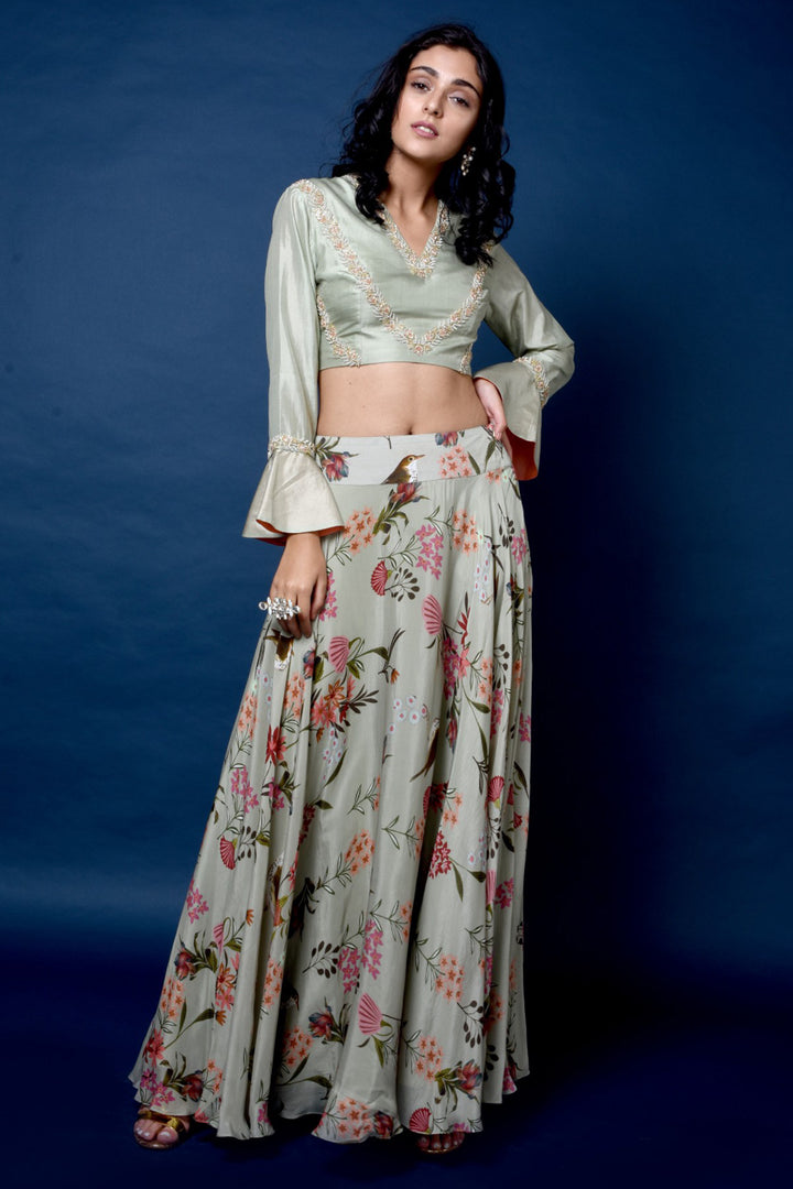 Sage Green Silk Top With Floral Printed Skirt