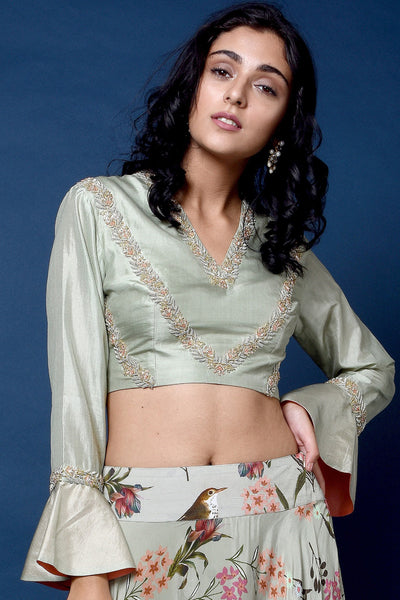 Sage Green Silk Top With Floral Printed Skirt