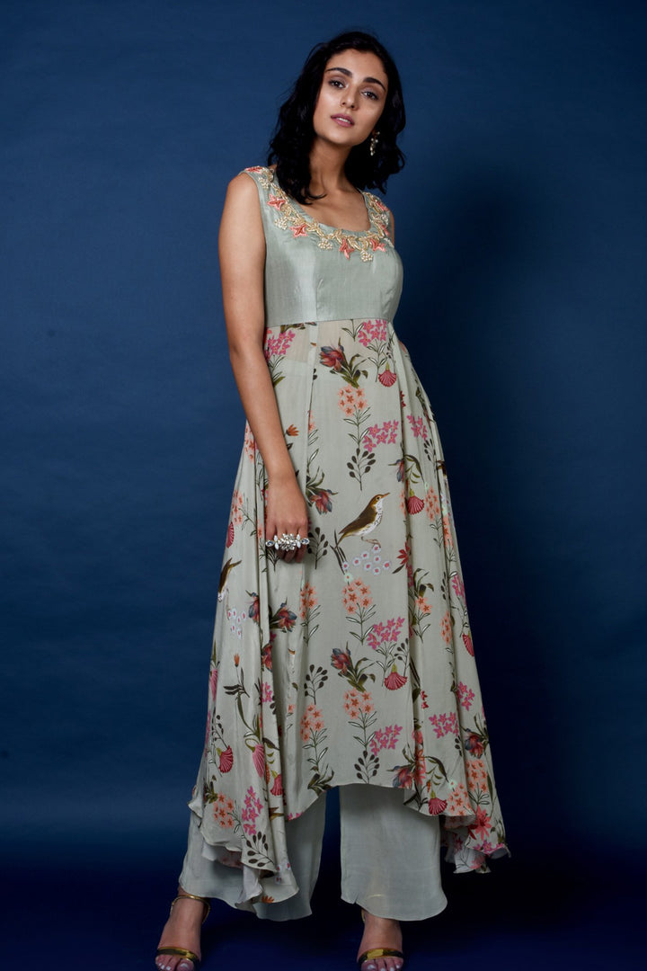 Sage Green Floral Printed Asymmetrical Kurta And Wide Legged Pants