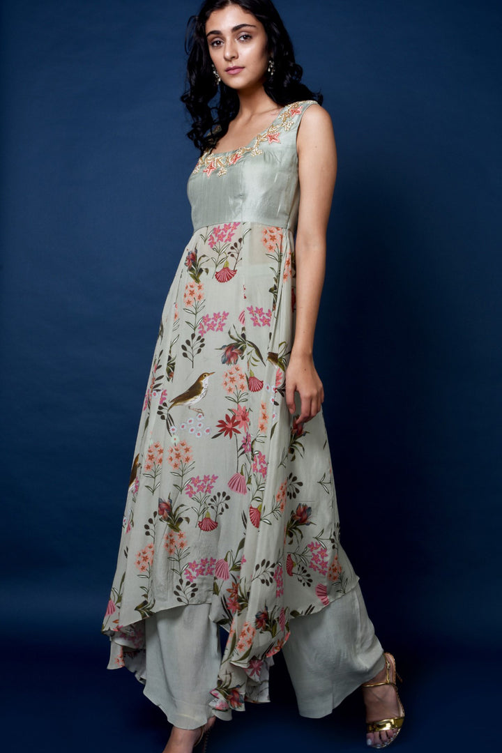 Sage Green Floral Printed Asymmetrical Kurta And Wide Legged Pants