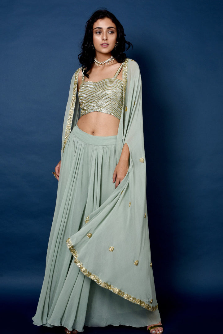 Sage Green Flared Pants With Crop Blouse And Cape