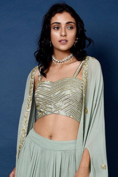 Sage Green Flared Pants With Crop Blouse And Cape