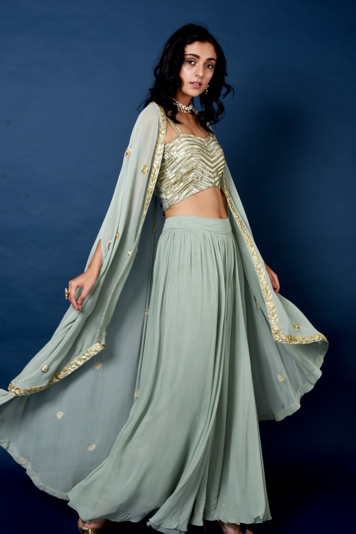 Sage Green Flared Pants With Crop Blouse And Cape