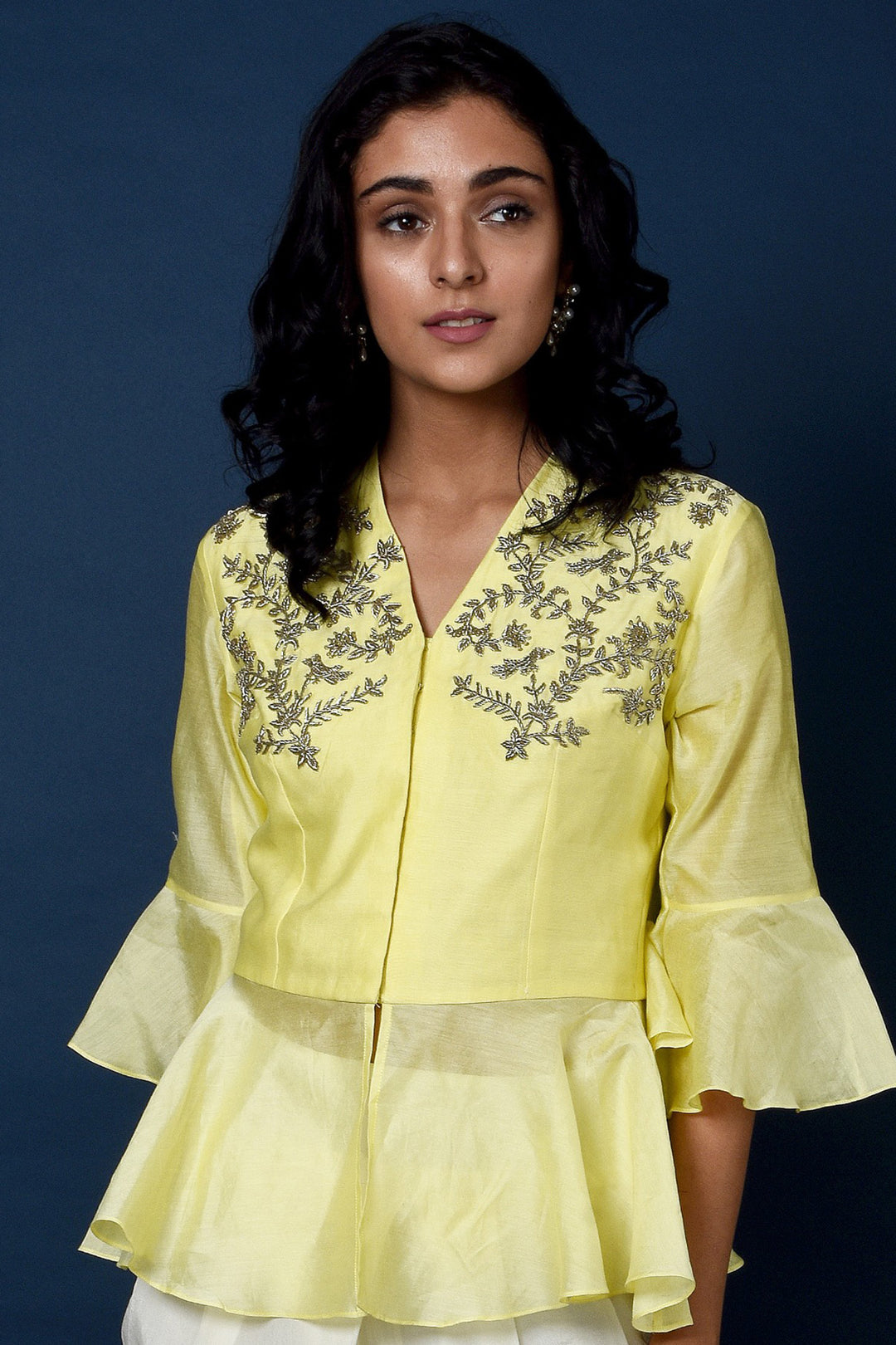 Chanderi Lemon Yellow Top With Cream Dhoti