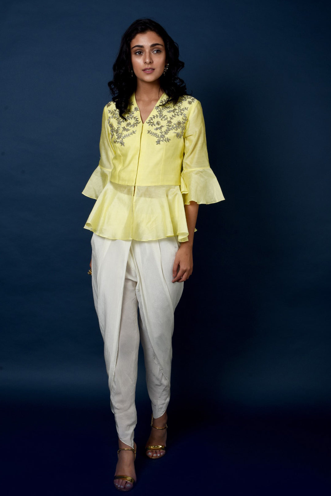 Chanderi Lemon Yellow Top With Cream Dhoti