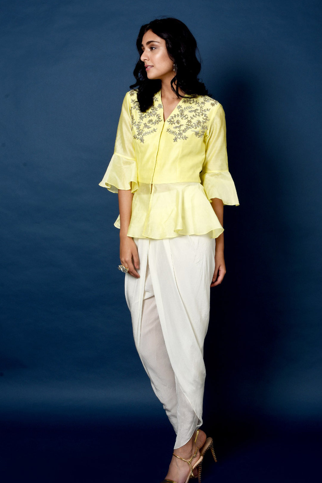 Chanderi Lemon Yellow Top With Cream Dhoti