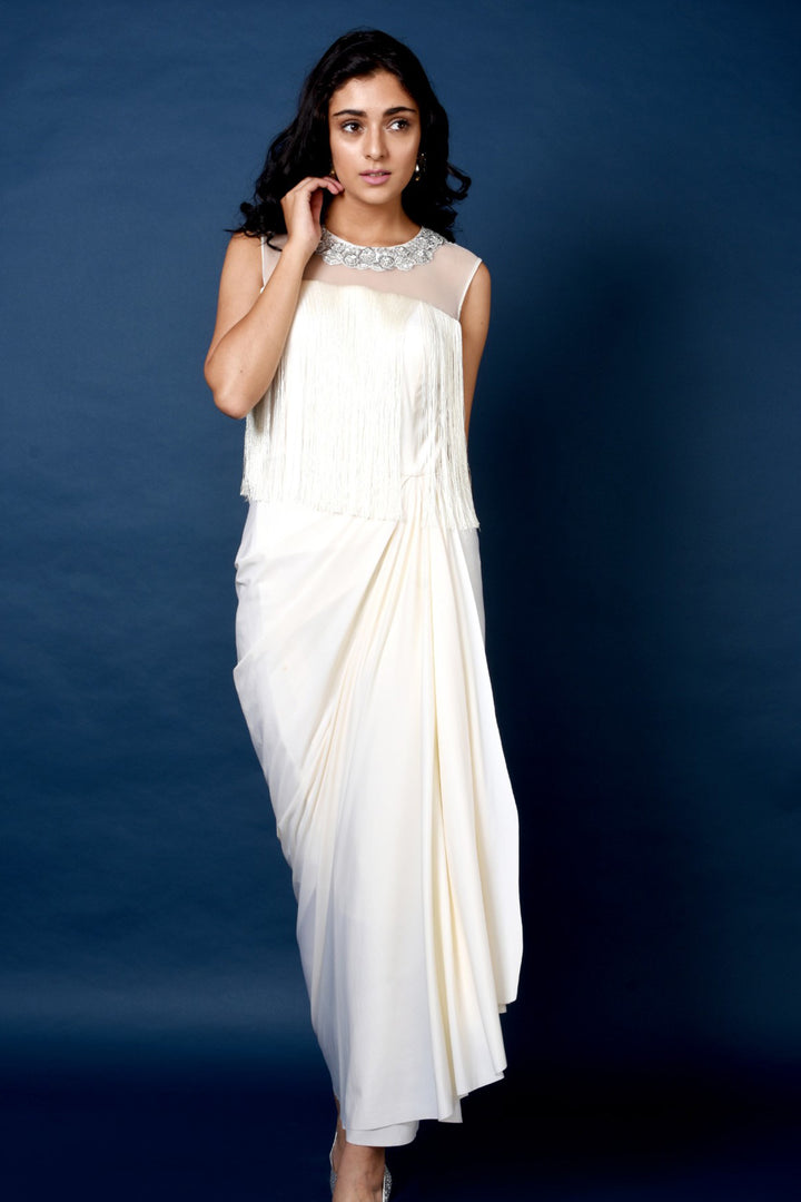 White Fringe Drape Dress