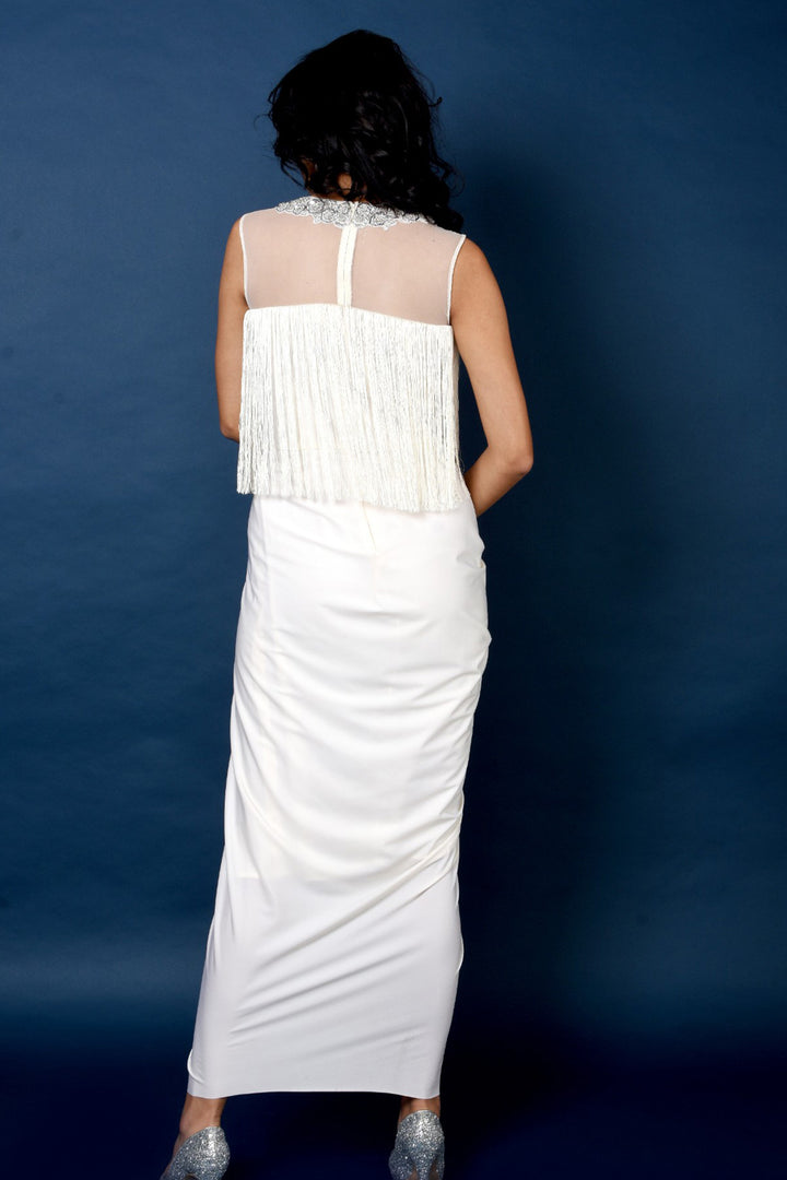 White Fringe Drape Dress