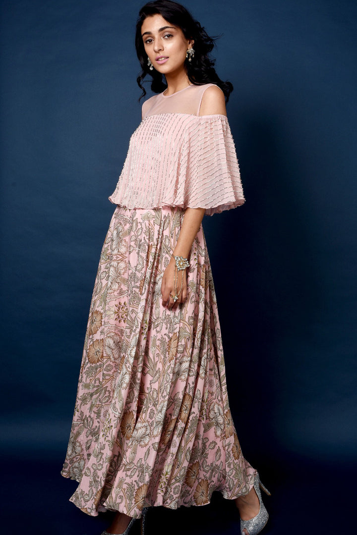 Pink Printed Cold Shoulder Anarkali