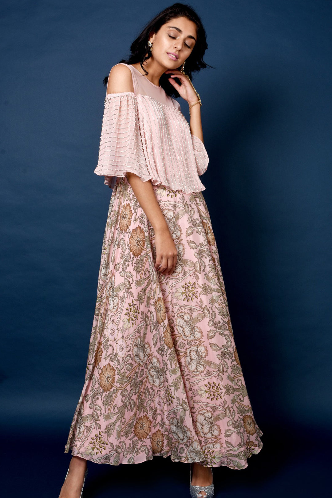 Pink Printed Cold Shoulder Anarkali