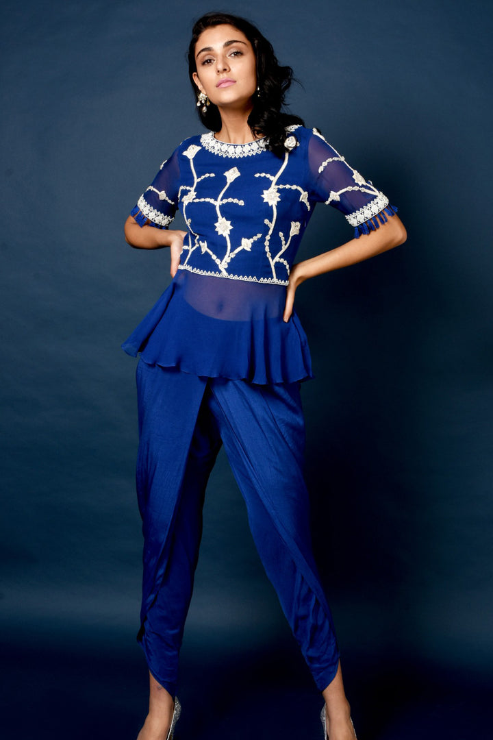 Blue Embroidered Top With Dhoti Pants