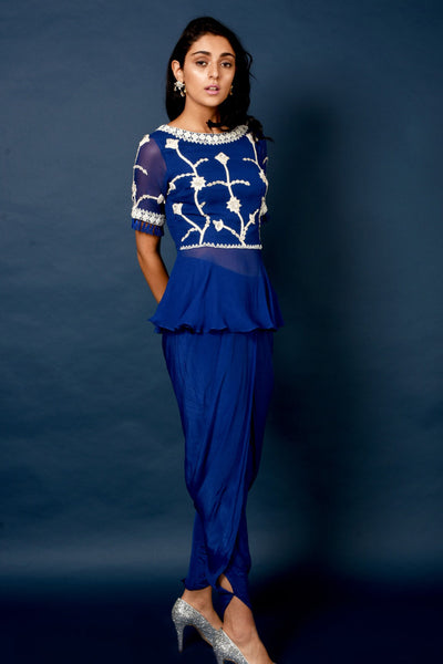 Blue Embroidered Top With Dhoti Pants