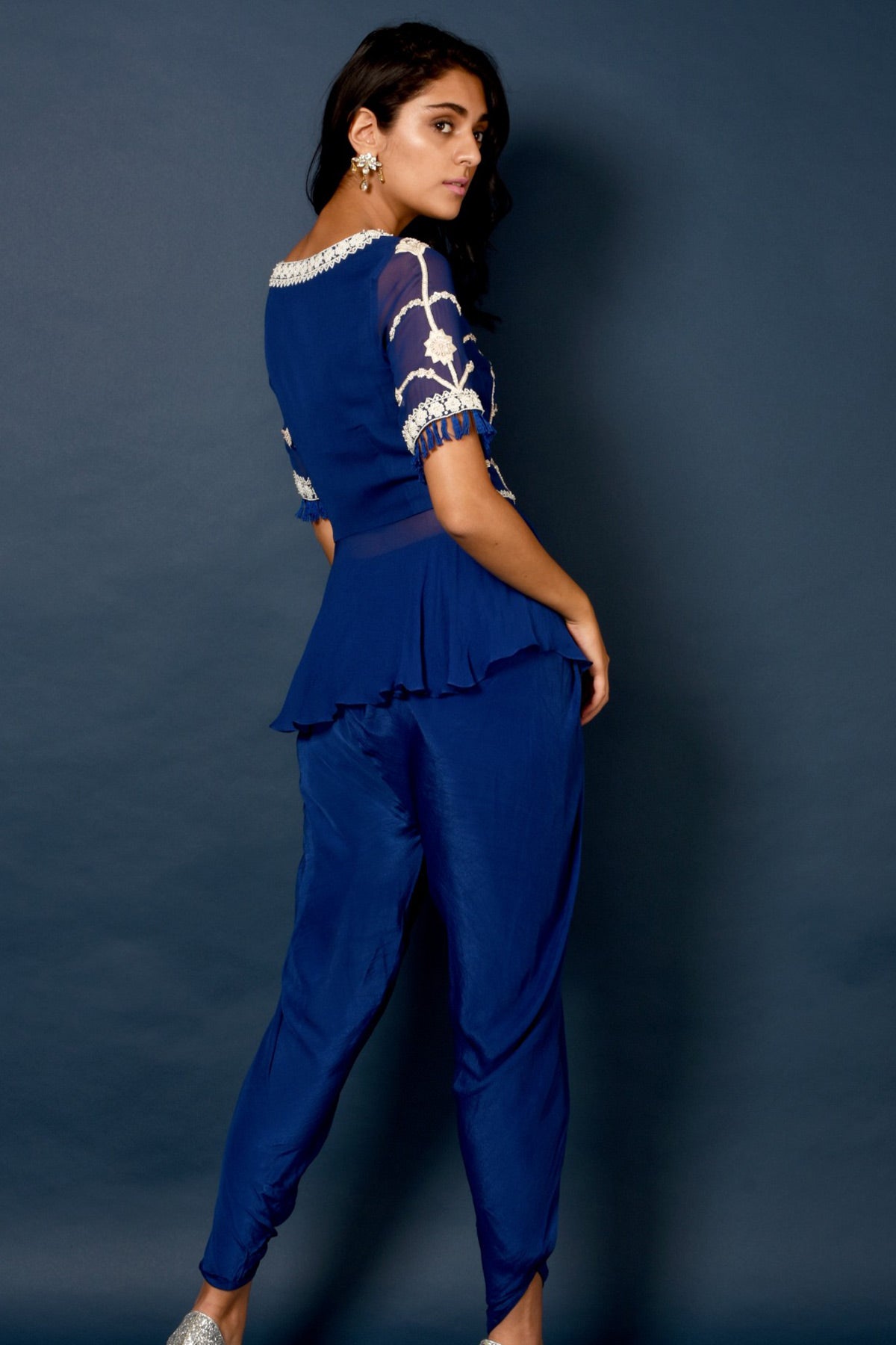 Blue Embroidered Top With Dhoti Pants