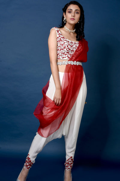 White Embroidered Crop Blouse With Dhoti Set