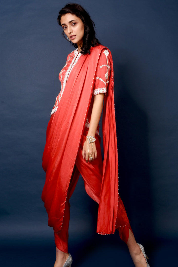 Red Embroidered Jacket With Draped Dhoti Saree