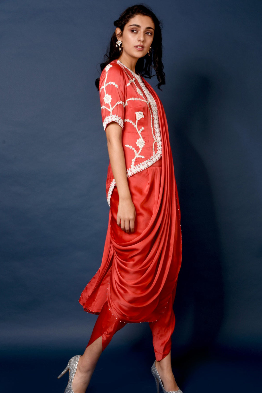 Red Embroidered Jacket With Draped Dhoti Saree