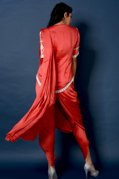 Red Embroidered Jacket With Draped Dhoti Saree