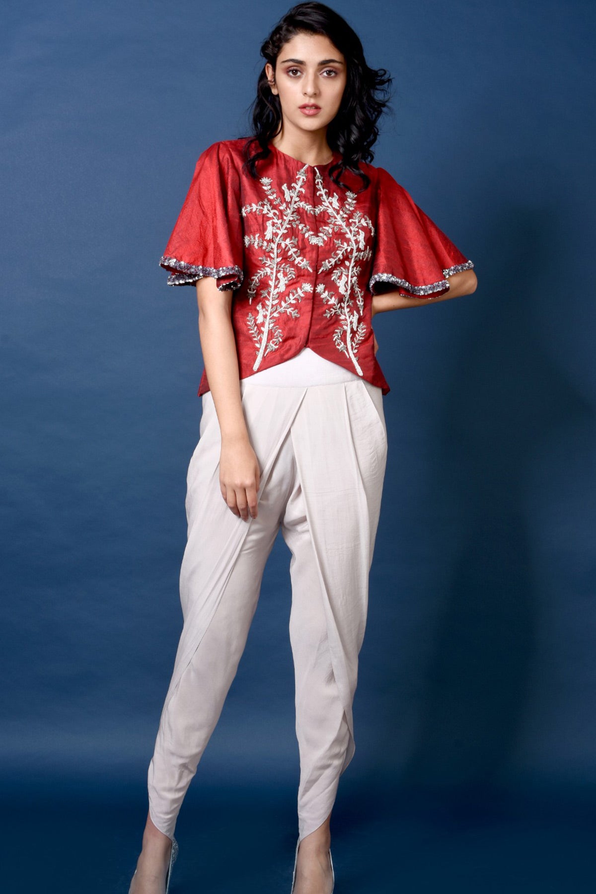 Red Embroidered Jacket With Grey Dhoti Pants