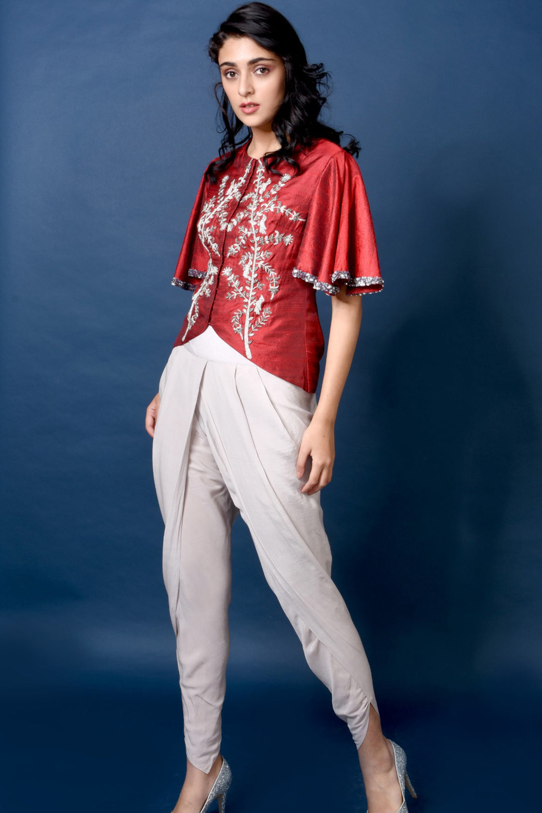 Red Embroidered Jacket With Grey Dhoti Pants