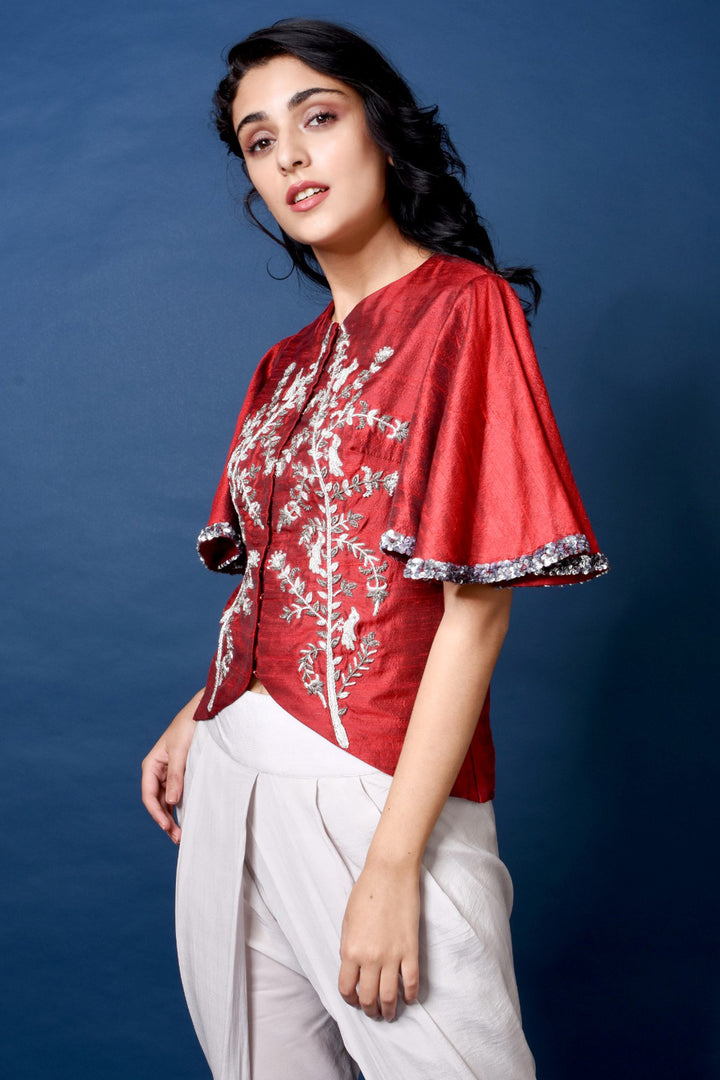 Red Embroidered Jacket With Grey Dhoti Pants