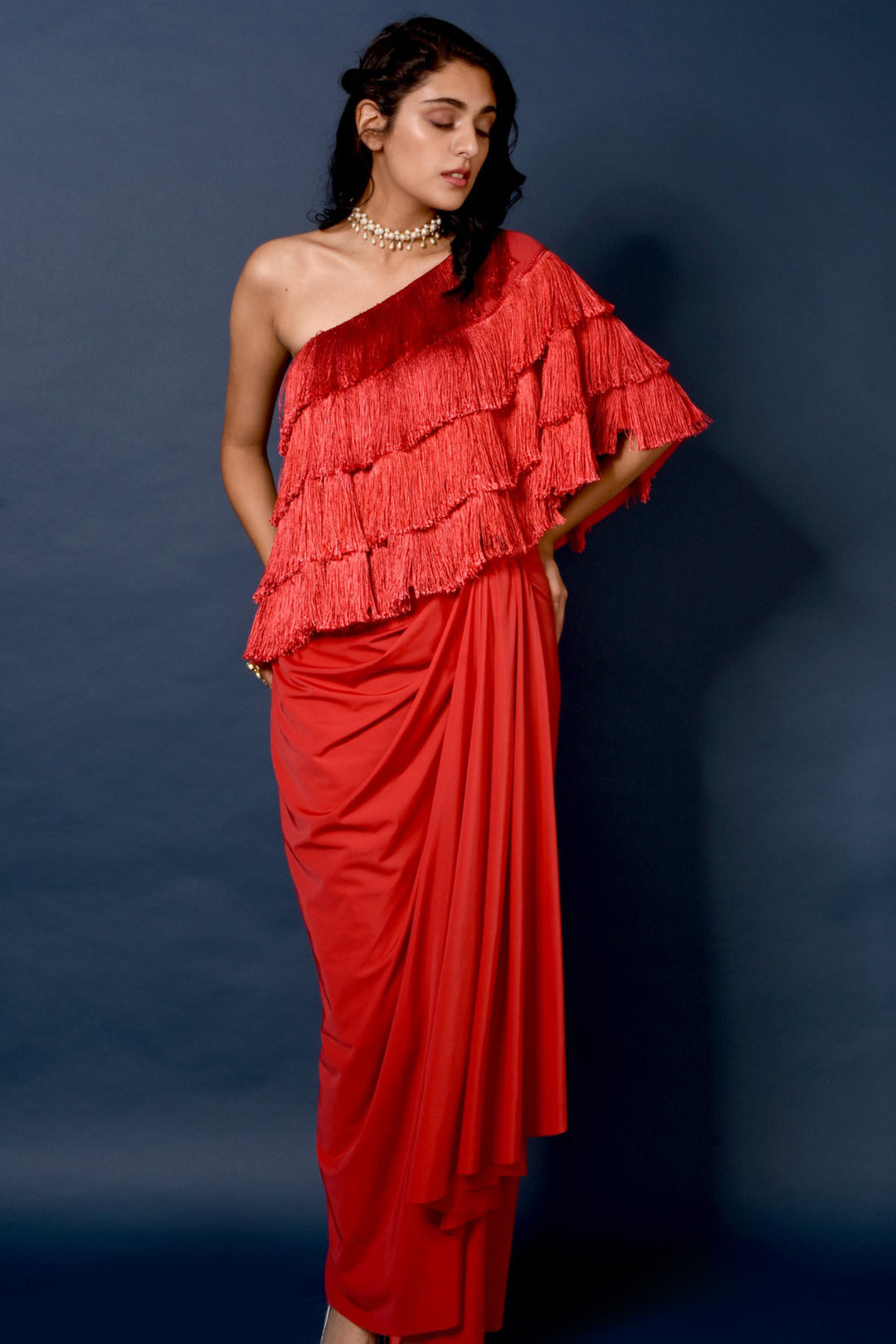 Red Tassel One Shoulder Cape And Drape Skirt